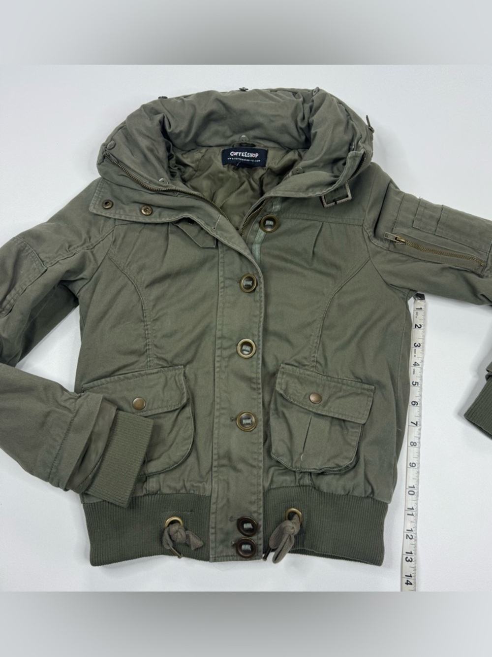 CoffeeShop Vintage Wash Utility Crop Bomber Roll Hood Jacket Womens XS - Picture 13 of 13